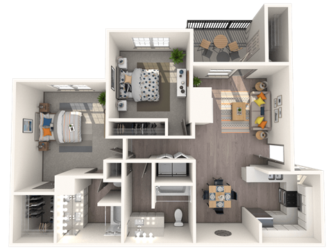 Floor plan for 2 beds, 2 baths, 1037 sqft